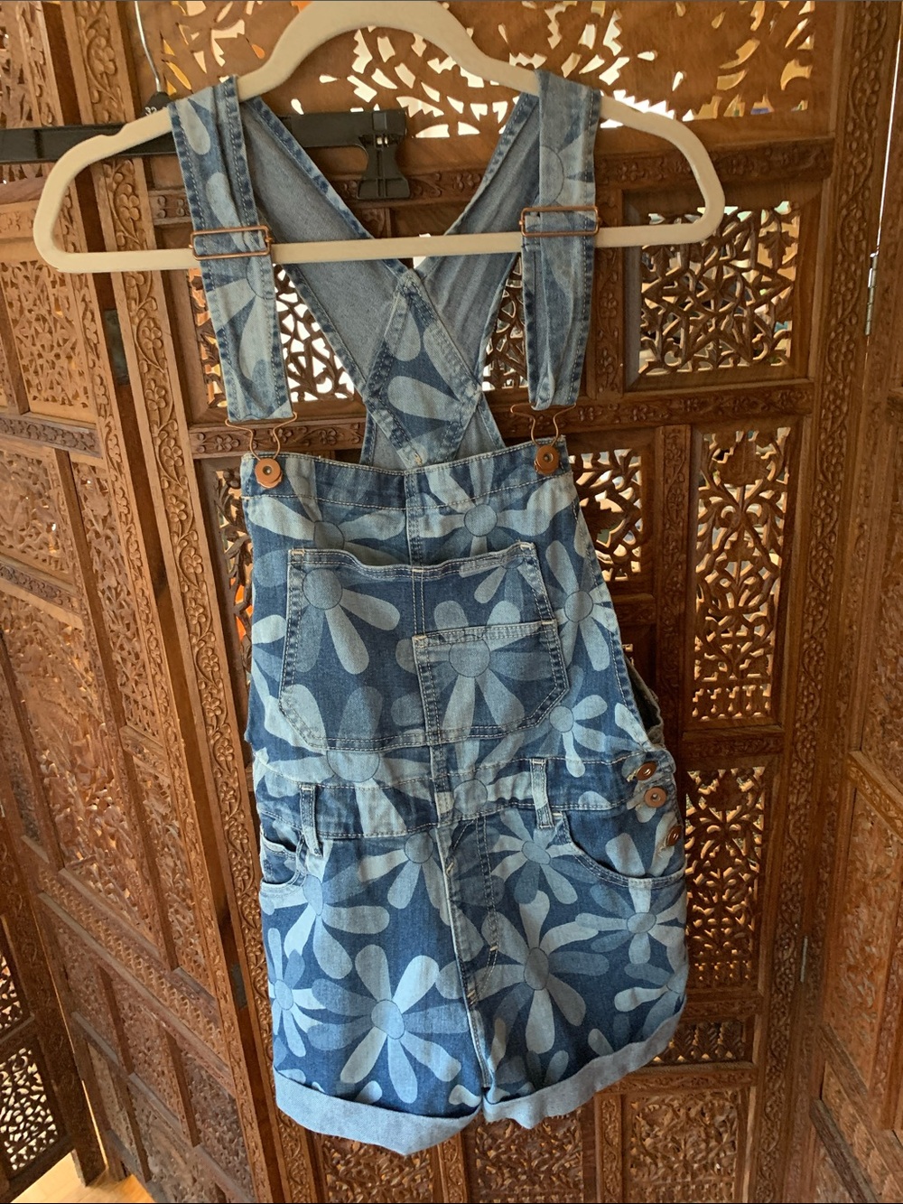 No Boundaries Blue Floral Denim Short Overalls